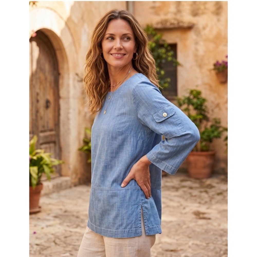 Toofan Womens Blue Denim Chambray Tunic Top 3/4 Sleeve Utility Pocket Size M